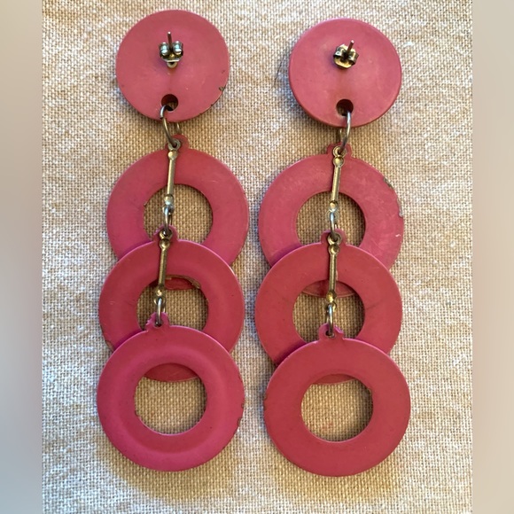Vintage :: Pink Dangle Hoop Earrings 80s Gold Pink Barbiecore Retro 4” 3 Hoops - Picture 6 of 7